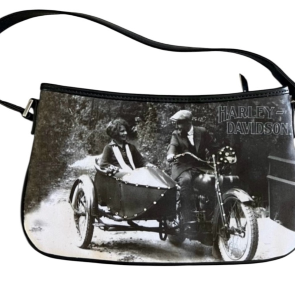 Vintage Harley Davidson motorcycle & sidecar small black & white purse